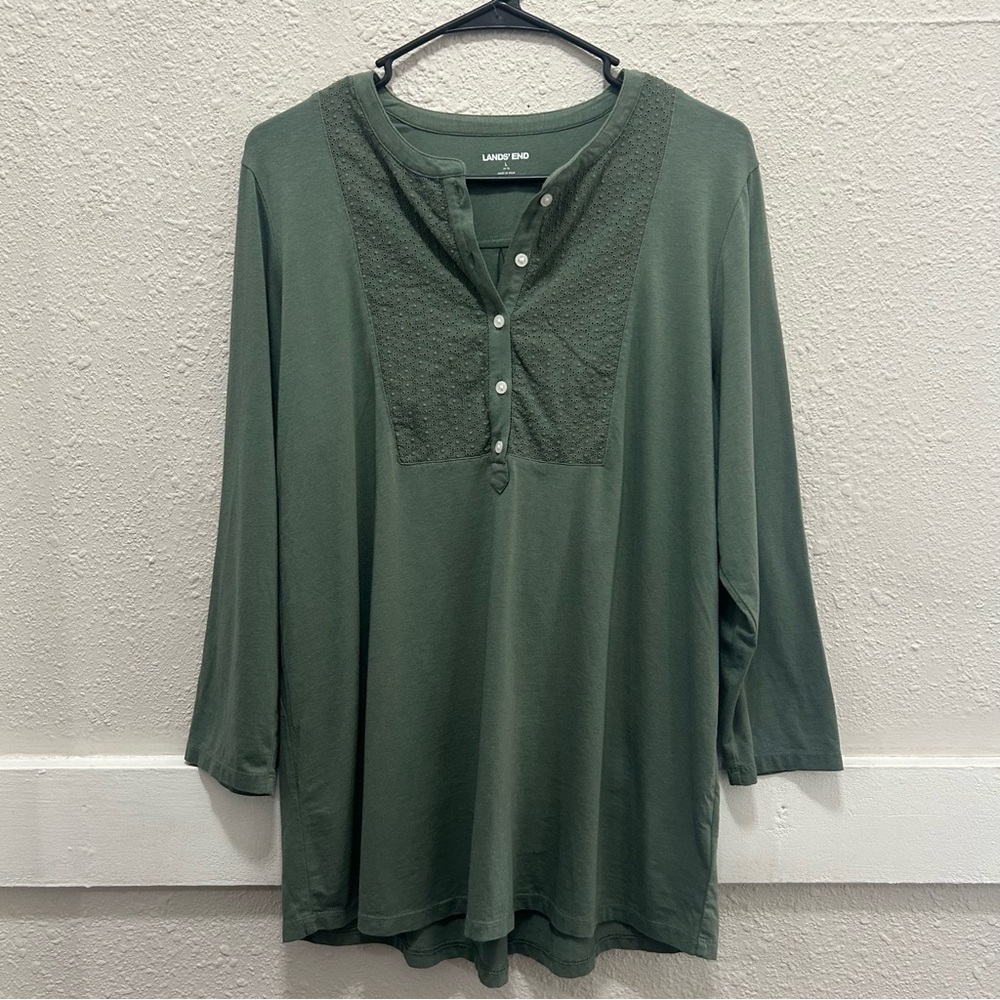 Lands' End Embroidered Henley Green 3/4 Sleeve Top Large